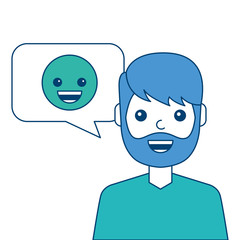 man with smile emoticon in speech bubble vector illustration blue and green design