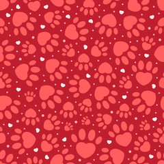 Original trendy valentine's seamless pattern with cats and dogs paw print with heart and dot