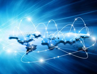 World map on a technological background, glowing lines symbols of the Internet, radio, television, mobile and satellite communications.