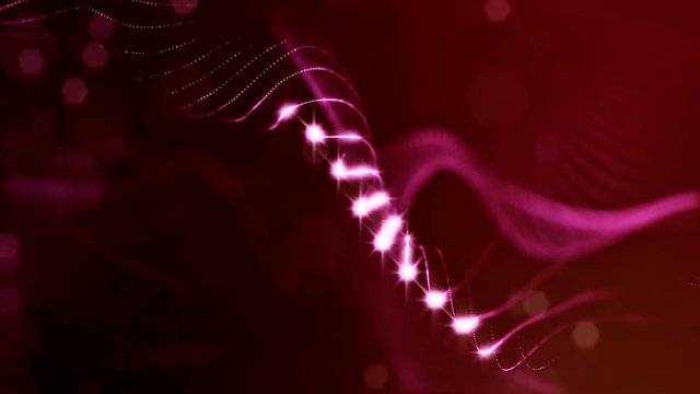 red loopable abstract particle background with depth of field, glow sparkles of lights and digital elements. Wave particles form lines and lines form curve surface like in the microcosm. V1