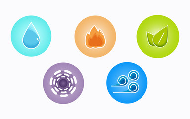 Ayurvedic elements water, fire, air, earth and ether icons isolated on white background. Colorful icons, five elements