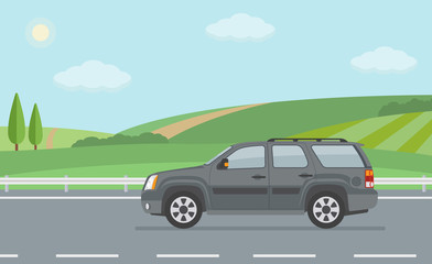 Obraz na płótnie Canvas Rural landscape with road and moving off road vehicle. Flat style vector illustration. 