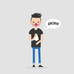 Young sneezing character. Allergy or cold. Healthcare. Flat editable vector illustration, clip art