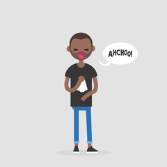 Young sneezing character. Allergy or cold. Healthcare. Flat editable vector illustration, clip art