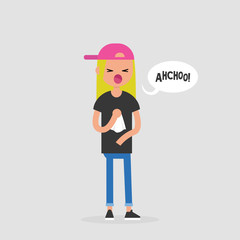 Young female sneezing character. Allergy or cold. Healthcare. Flat editable vector illustration, clip art