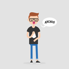 Young sneezing character. Allergy or cold. Healthcare. Flat editable vector illustration, clip art