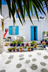 Typical blue and white painted house in Chora, Mykonos, Greece