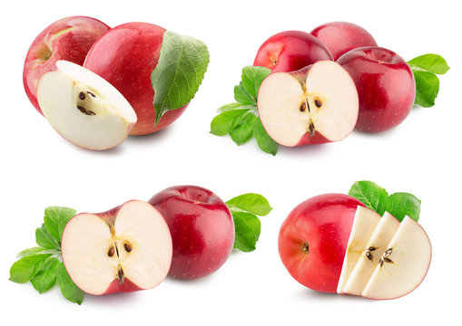 collection of red apples with slices isolated on a white background
