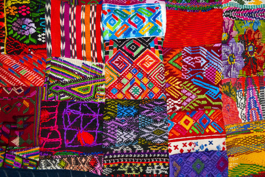 Handmade traditional guatemalan design, Colorful fabric worked by hand in Guatemala, Central America, Mayan details, typical costume.