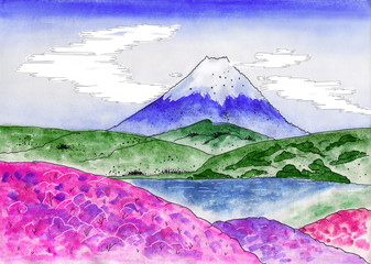 Landscape with Mountain Peaks in Japan. Panoramic view of Mount Fuji with sakura blooming. Watercolor illustration