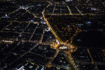Panoramic aerial view of Puerta de Alcala day to night, main shopping street in Madrid Skyline Old Town Cityscape, Metropolis Building lights turn on, capital of Spain, Europe