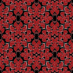 Damask vintage love hearts seamless pattern. Black floral vector background wallpaper  with red abstract love hearts paisley flowers and white swirl line art tracery modern romantic ornaments.