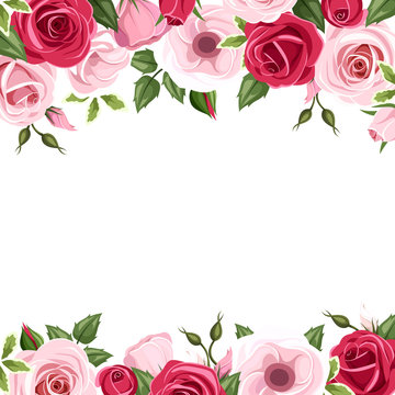 Vector background with red and pink roses and lisianthus flowers and green leaves.
