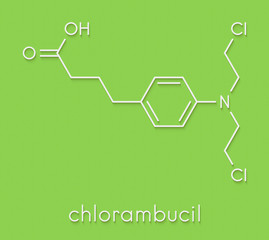 Fototapeta premium Chlorambucil leukemia drug molecule. Nitrogen mustard alkylating agent mainly used to treat chronic lymphocytic leukemia (CML). Skeletal formula.