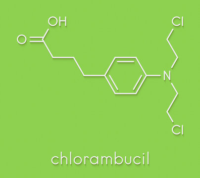 Chlorambucil leukemia drug molecule. Nitrogen mustard alkylating agent mainly used to treat chronic lymphocytic leukemia (CML). Skeletal formula.