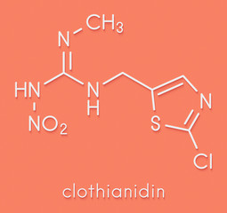 Clothianidin insecticide molecule (neonicotinoid class). Skeletal formula.