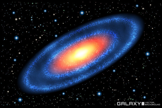 Vector illustration of realistic spiral galaxy on star cosmic background. Galaxy template.