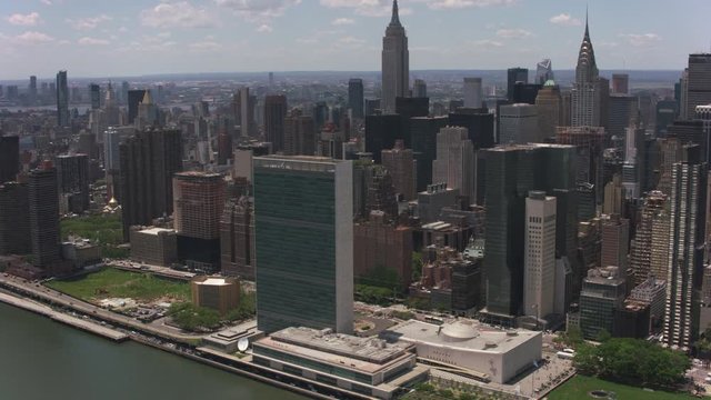 New York City, New York circa-2017, Aerial view of the United Nations Building.  Shot with Cineflex and RED Epic-W Helium. 