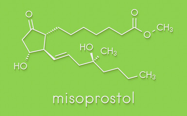 Misoprostol abortion inducing drug molecule. Prostaglandin E1 (PGE1) analogue also used to treat missed miscarriage, induce labor, etc. Skeletal formula.