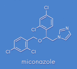 Fototapeta premium Miconazole antifungal drug molecule. Imidazole class antimycotic, used in treatment of athlete's foot, ringworm, yeast infections, etc. Skeletal formula.