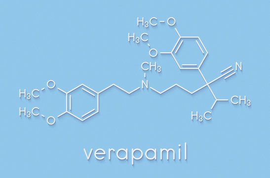 Verapamil calcium channel blocker drug. Mainly used in treatment of hypertension (high blood pressure) and cardiac arrhythmia (irregular heartbeat). Skeletal formula.