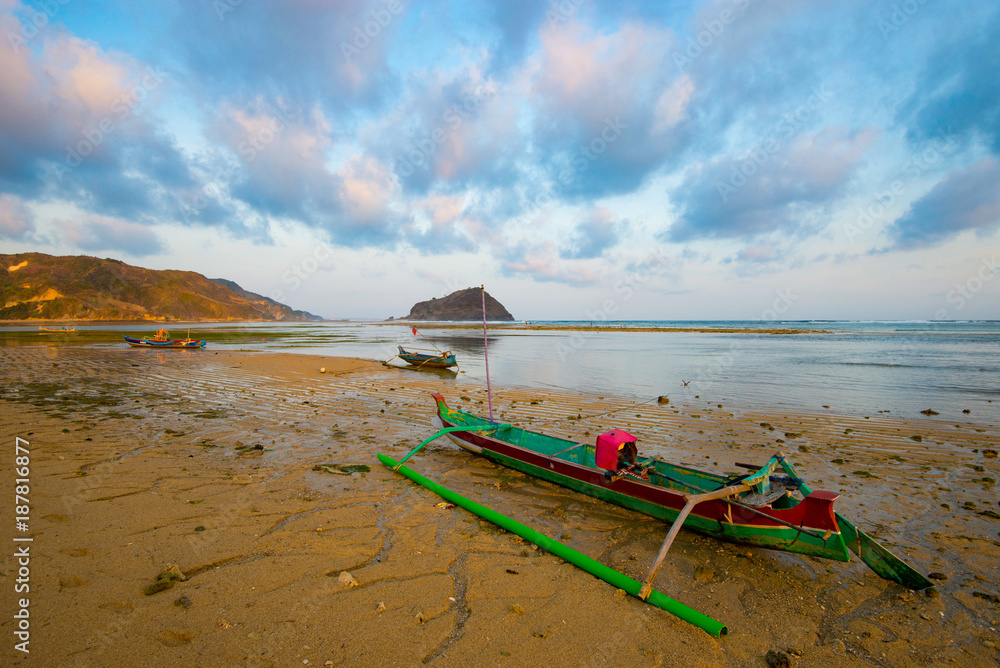 Sticker Fishing boats on Mawun beach - Lombok, Indonesia.