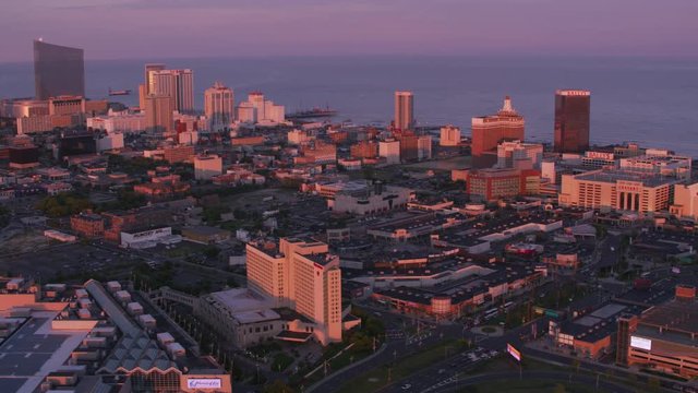 Atlantic City, New Jersey circa-2017, Aerial view of Atlantic City in evening sunlight.  Shot with Cineflex and RED Epic-W Helium. 