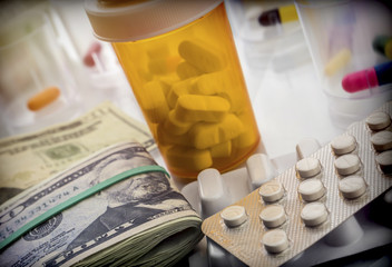 Some medications on a ticket of dollar, conceptual image copay health