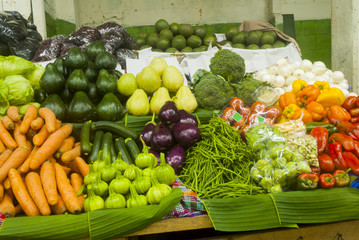 Sale of organic vegetables in Guatemala City, central market, fresh produce.