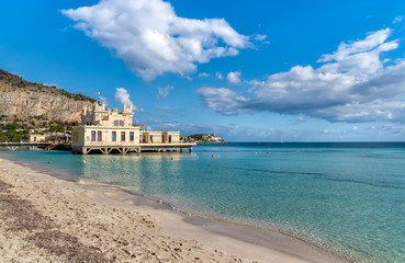View of Charleston, the Mondello beach establishment on the sea in Palermo, Sicily, Italy
