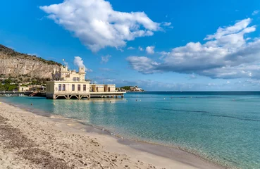 Selbstklebende Fototapete Stadt am Wasser View of Charleston, the Mondello beach establishment on the sea in Palermo, Sicily, Italy