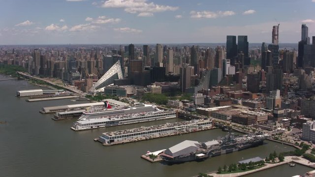 New York City, New York circa-2017, Aerial shot of Piers on Hudson River in Manhattan, New York City.  Shot with Cineflex and RED Epic-W Helium. 