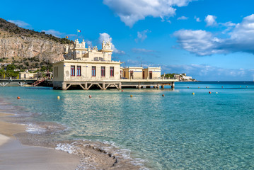 View of Charleston, the Mondello beach establishment on the sea in Palermo, Sicily, Italy