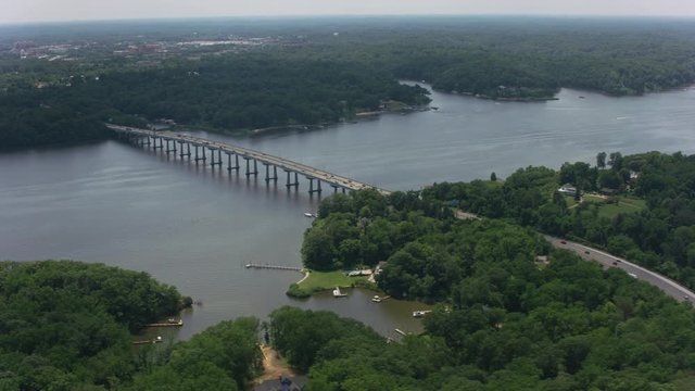 Annapolis, Maryland circa-2017, Aerial view of the Severn River Bridge outside of Annapolis.   Shot with Cineflex and RED Epic-W Helium. 