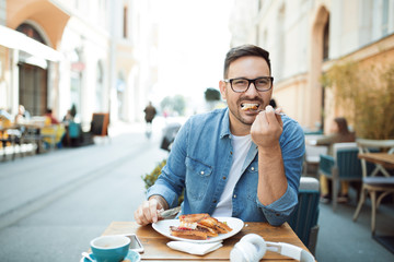 Having breakfast