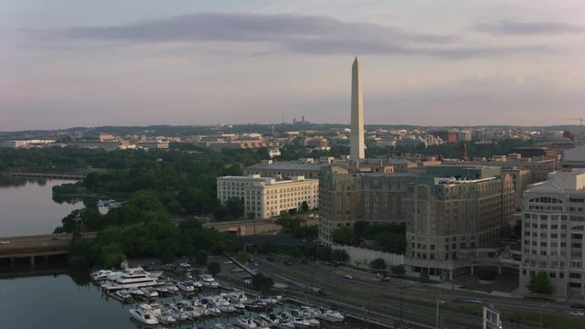 Washington, D.C. circa-2017, Aerial sunrise view of Washington Monument and White House.  Shot with Cineflex and RED Epic-W Helium. 