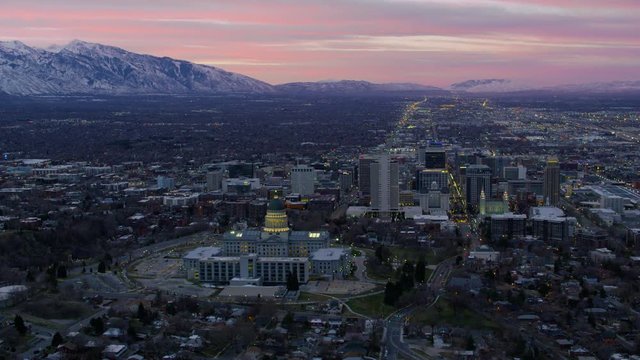 Salt Lake City, Utah circa-2017, Aerial shot of Utah State Capitol Building and city of Salt Lake City at sunrise