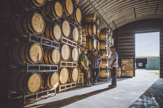 Men talking near barrels in distillery