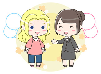 外国人女性と話すスーツの女性　背景つき