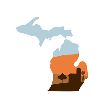 Michigan State Shape With Farm At Sunset W Windmill, Barn, And A Tree