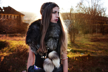 Caucasian Tribal Gypsy Woman  in a furry scarf