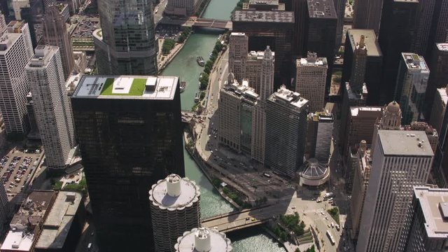 Chicago, Illinois circa-2017, Daytime aerial shot of downtown Chicago and Chicago River.  Shot with Cineflex and RED Epic-W Helium. 
