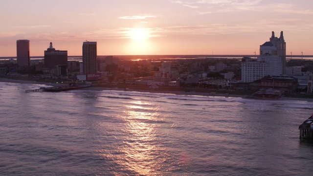 Atlantic City, New Jersey circa-2017, Aerial view of sun setting over Atlantic City.   Shot with Cineflex and RED Epic-W Helium. 