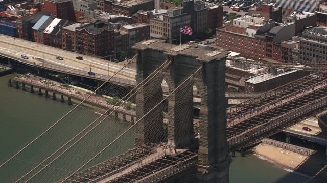 New York City, New York circa-2017, Closeup aerial shot of Brooklyn Bridge.  Shot with Cineflex and RED Epic-W Helium. 
