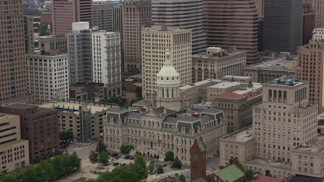 Baltimore, Maryland circa-2017, Aerial view of Baltimore City Hall.  Shot with Cineflex and RED Epic-W Helium. 