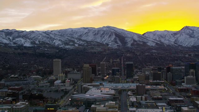 Aerial shot of sunrise over Salt Lake City