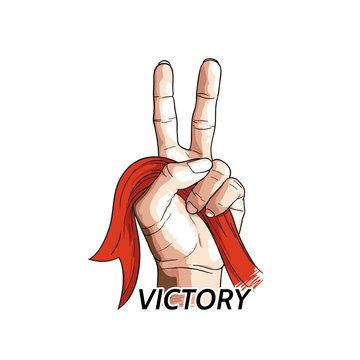 Victory hand hold red ribbon