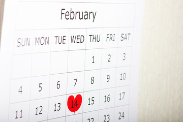 Calendar holiday February 14th Valentine's day is highlighted in red