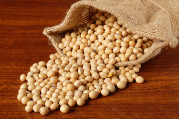 Soy beans  on brown background  