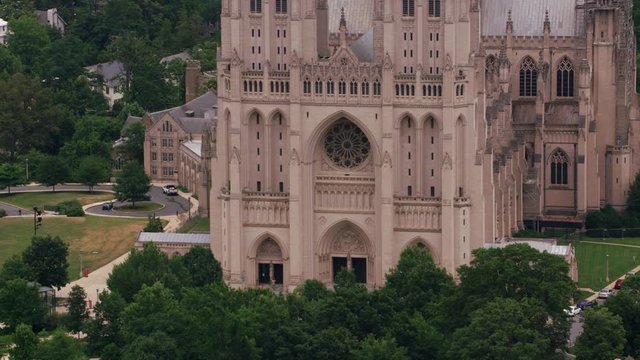 Washington, D.C. circa-2017, Aerial view of the National Cathedral.  Shot with Cineflex and RED Epic-W Helium. 
